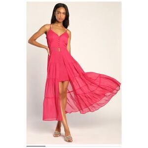 Lulu's NWT Set On You Hot Pink Lurex Tiered Midi Dress Size S